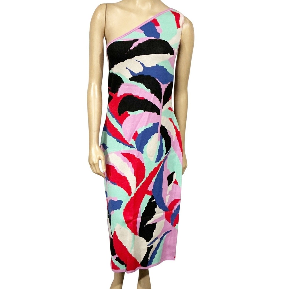 Farm Rio One Shoulder Monstera Abstract Leaf Knit Midi Dress Boho Colorful XL